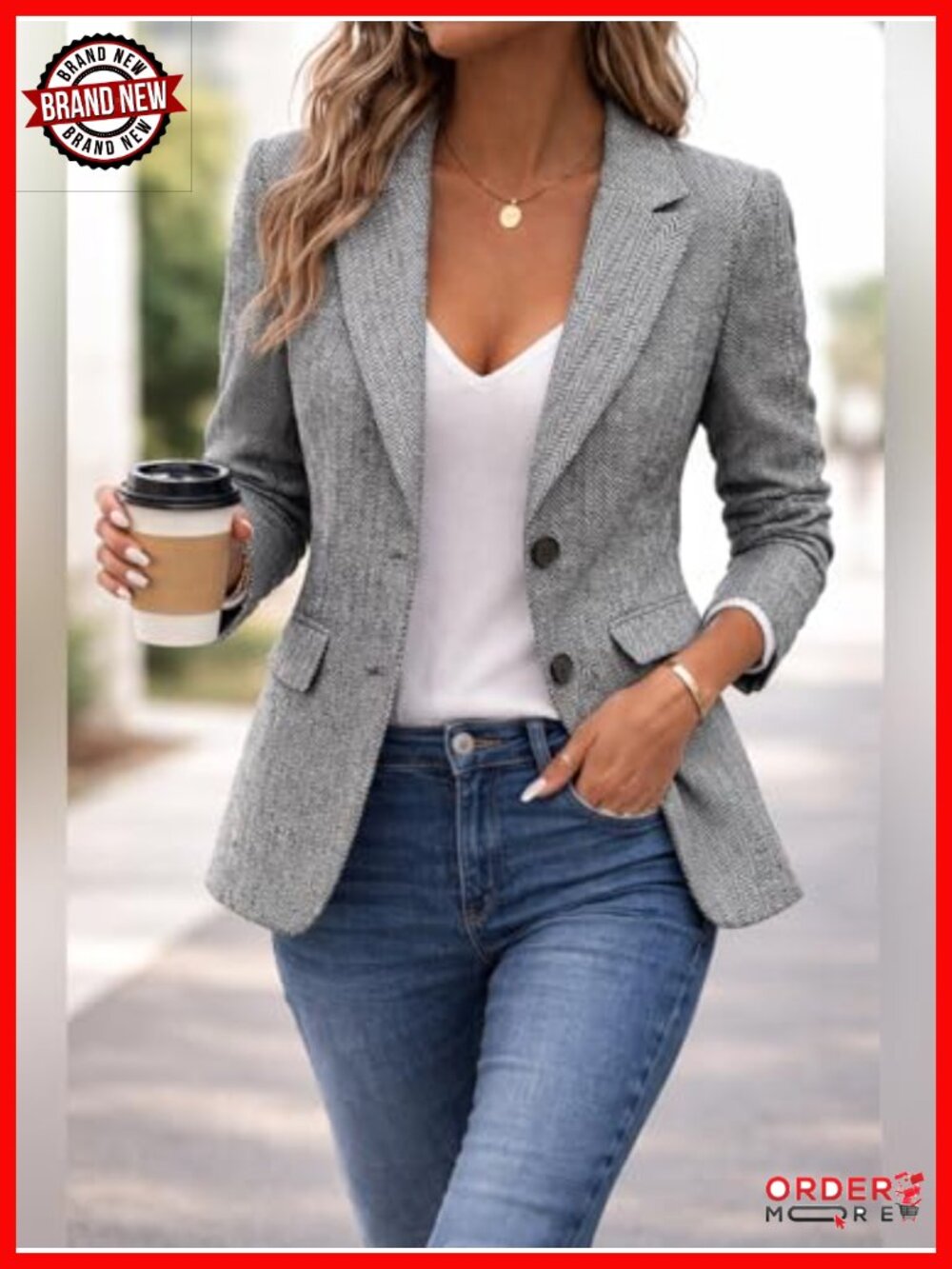 Herringbone Tweed Blazer - Notched Lapel Fully Lined Work Office Blazer Jacket - Picture 4 of 5
